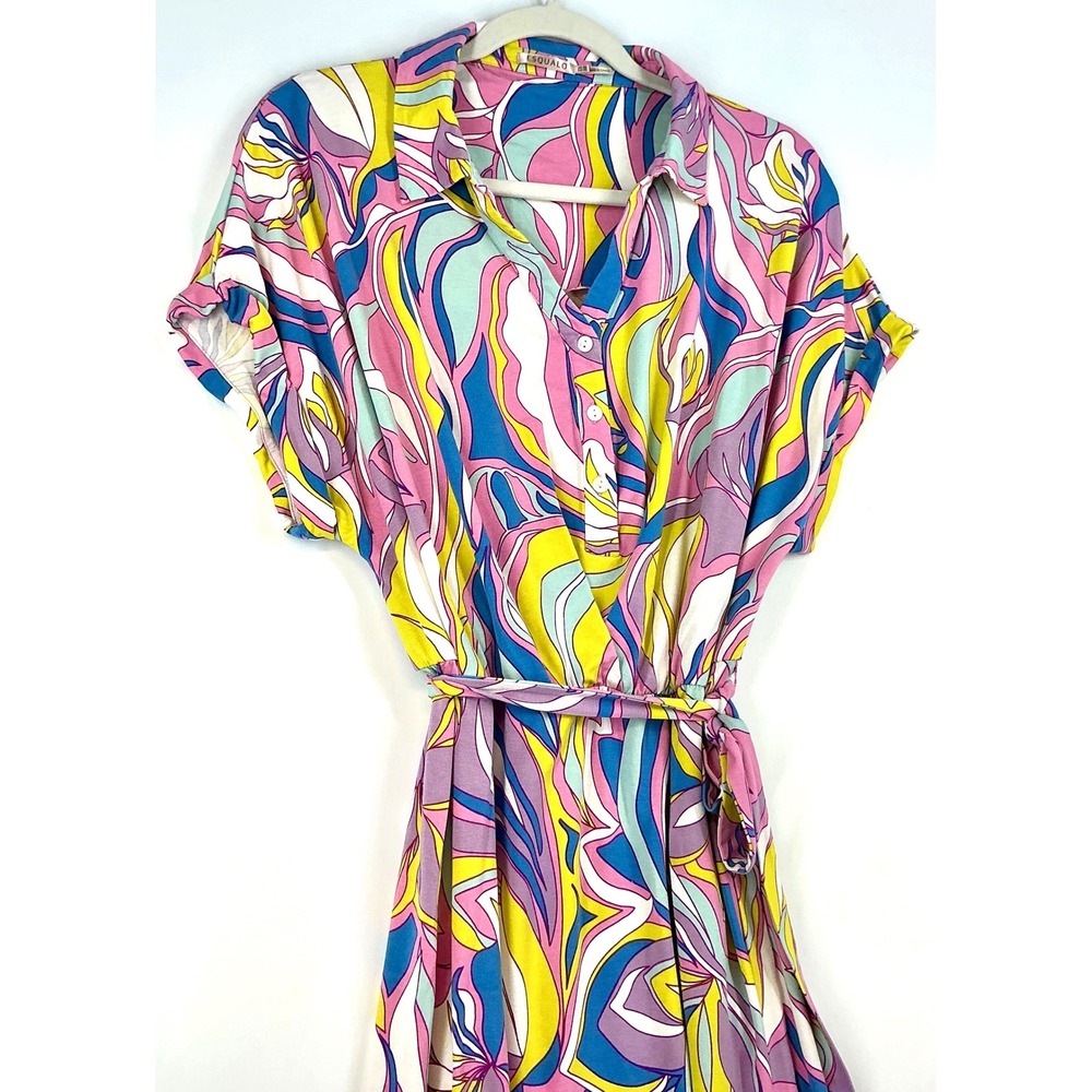 Equal Shirt Dress Pink Blue Yellow Abstract Print Tie Waist Maximalist Sz L - Picture 11 of 13